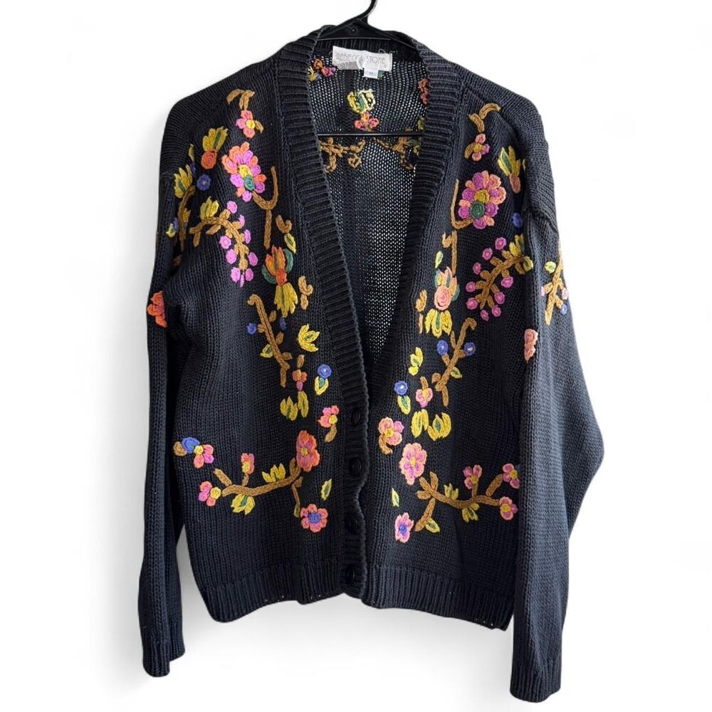Vintage Rebecca Stone Black Knit Cardigan w/ Embroidered Florals. Grannycore